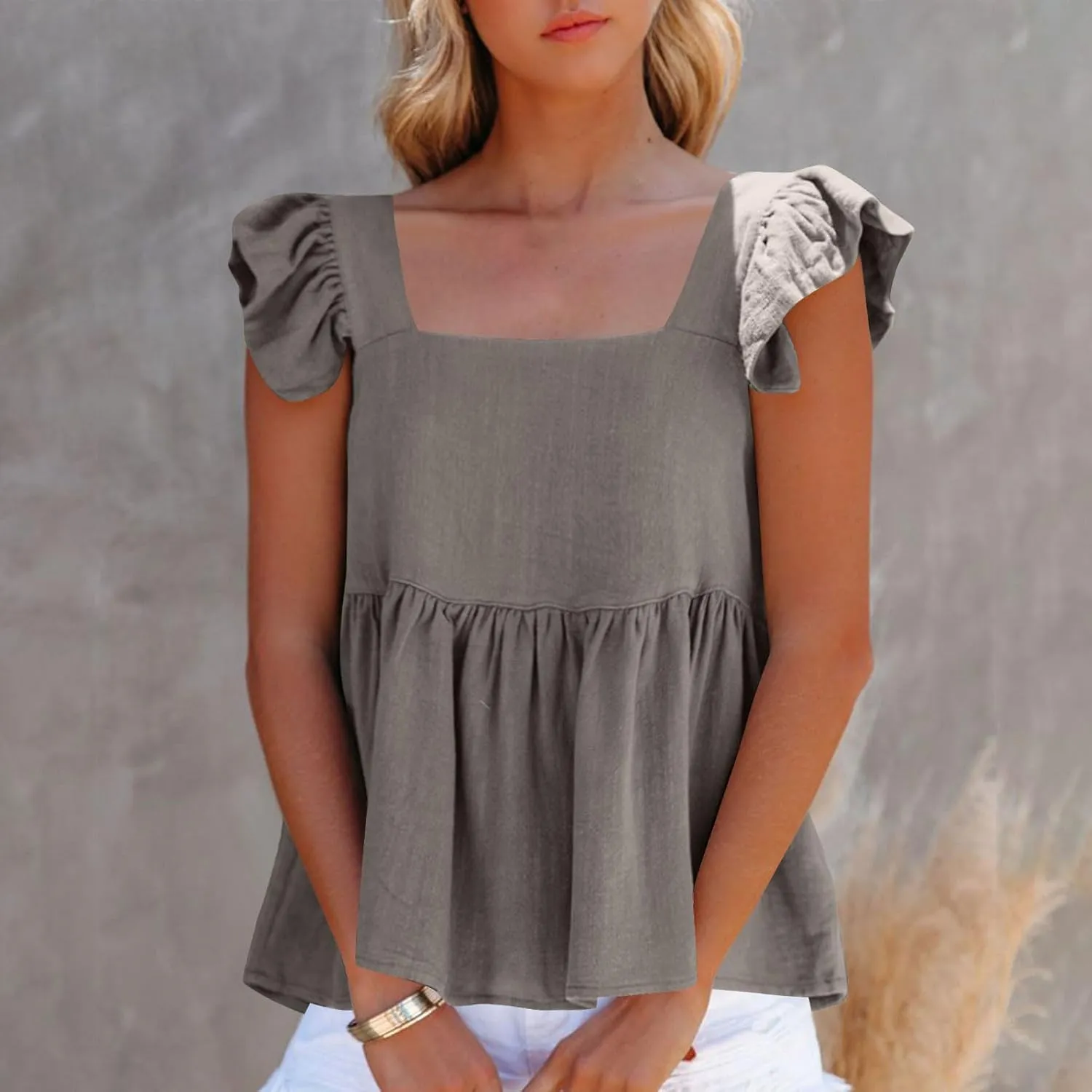 Women Solid Pleated Square Neck Casual Tank Tops, Fashion Loose Cap Sleeve Summer Babydoll Shirts Daily Casual Clothes