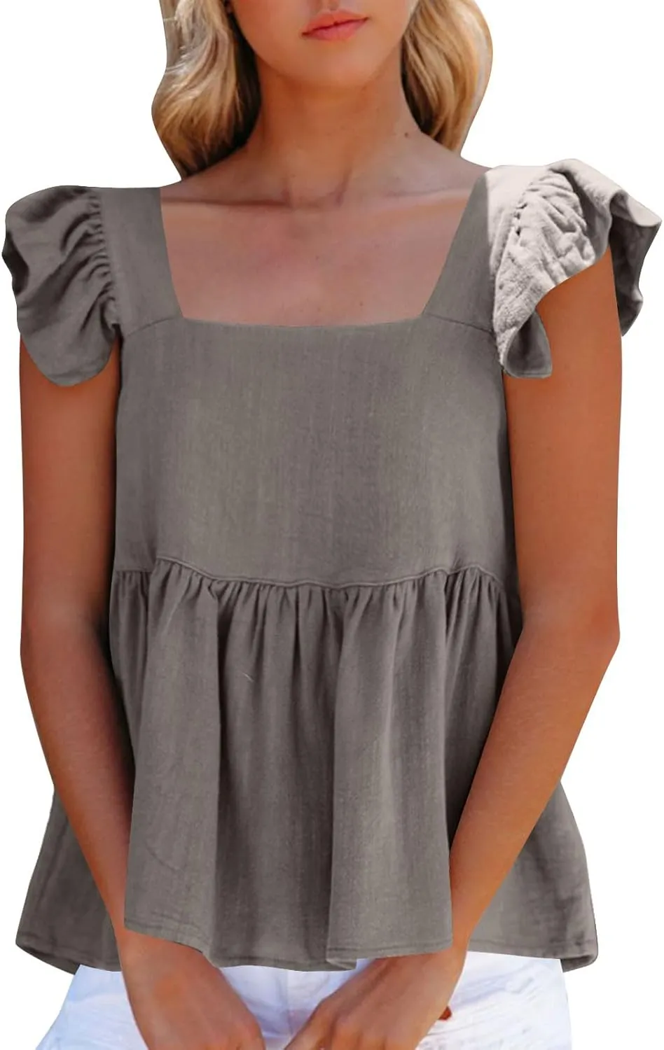 Women Solid Pleated Square Neck Casual Tank Tops, Fashion Loose Cap Sleeve Summer Babydoll Shirts Daily Casual Clothes