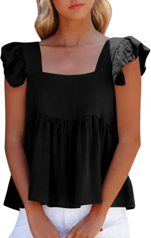 Women Solid Pleated Square Neck Casual Tank Tops, Fashion Loose Cap Sleeve Summer Babydoll Shirts Daily Casual Clothes