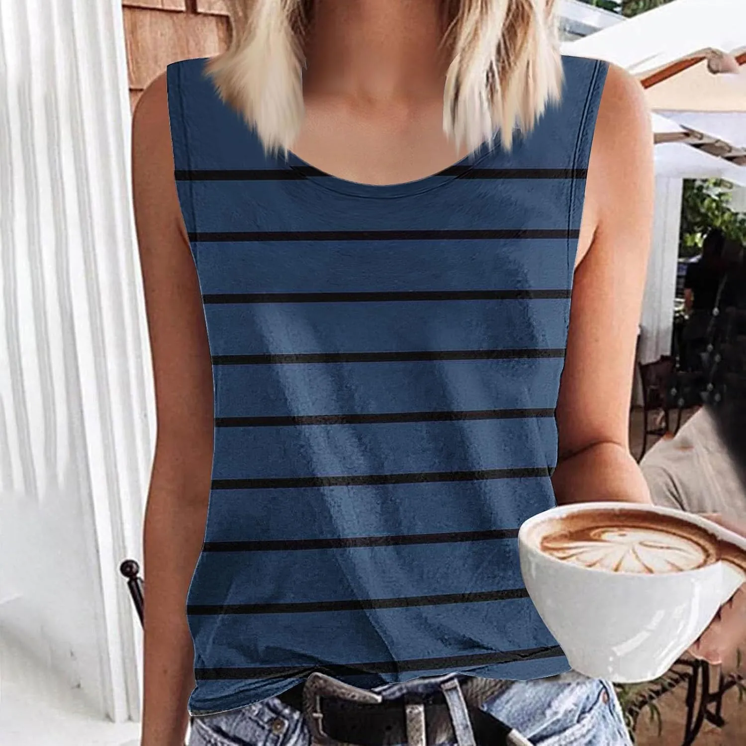 Women Striped Casual Loose Tank Tops, Summer Sleeveless Crewneck Daily Shirts Soft Breathable Going Out Trendy Clothes