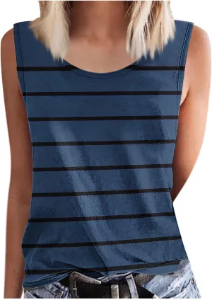 Women Striped Casual Loose Tank Tops, Summer Sleeveless Crewneck Daily Shirts Soft Breathable Going Out Trendy Clothes