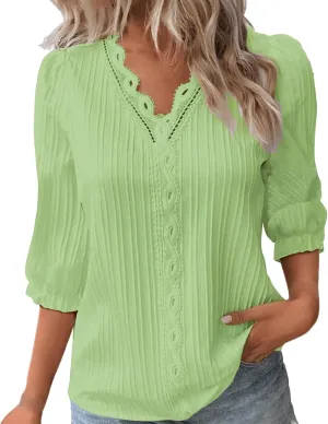 Women Summer Lace V Neck Plain Lace Elegant Shirt Fashion Solid Color Elegant Blouse Short Sleeve Plus Size Scrub Tops
