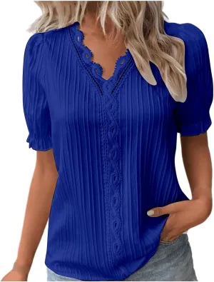 Women Summer Lace V Neck Plain Lace Elegant Shirt Fashion Solid Color Elegant Blouse Short Sleeve Plus Size Scrub Tops
