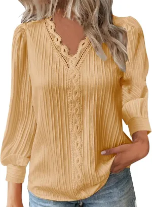 Women Summer Lace V Neck Plain Lace Elegant Shirt Solid Color Elegant Short Sleeve Comfy Flattering Tunic Tops for Women