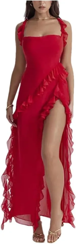 Women Summer Sexy Pleated Elegant Long Skirt Backless Red Party Dress
