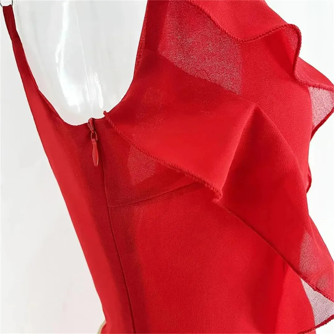 Women Summer Sexy Pleated Elegant Long Skirt Backless Red Party Dress