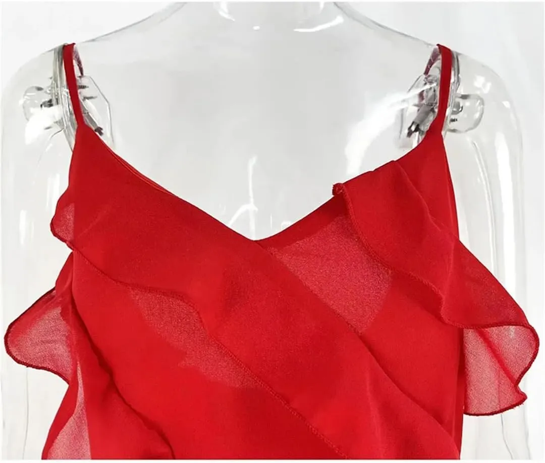 Women Summer Sexy Pleated Elegant Long Skirt Backless Red Party Dress