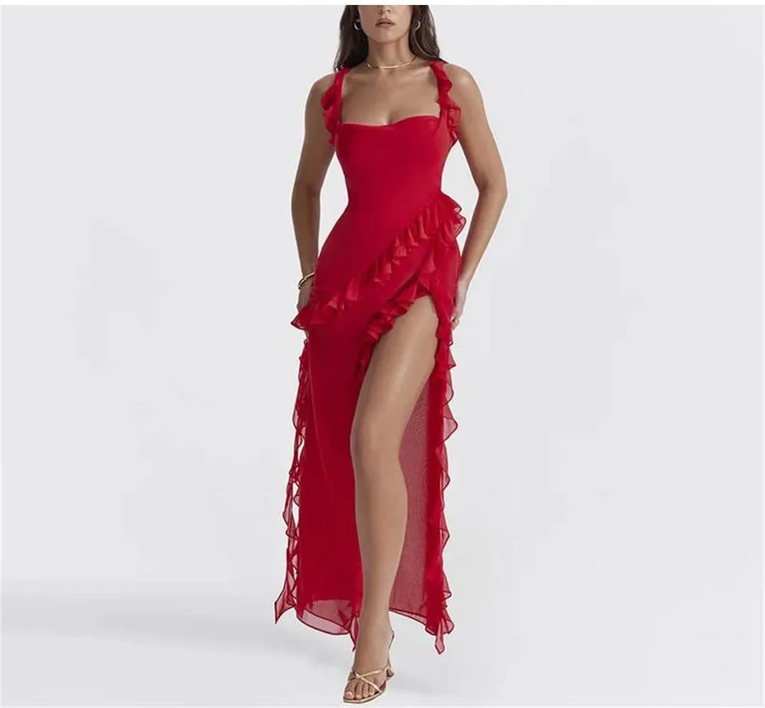 Women Summer Sexy Pleated Elegant Long Skirt Backless Red Party Dress