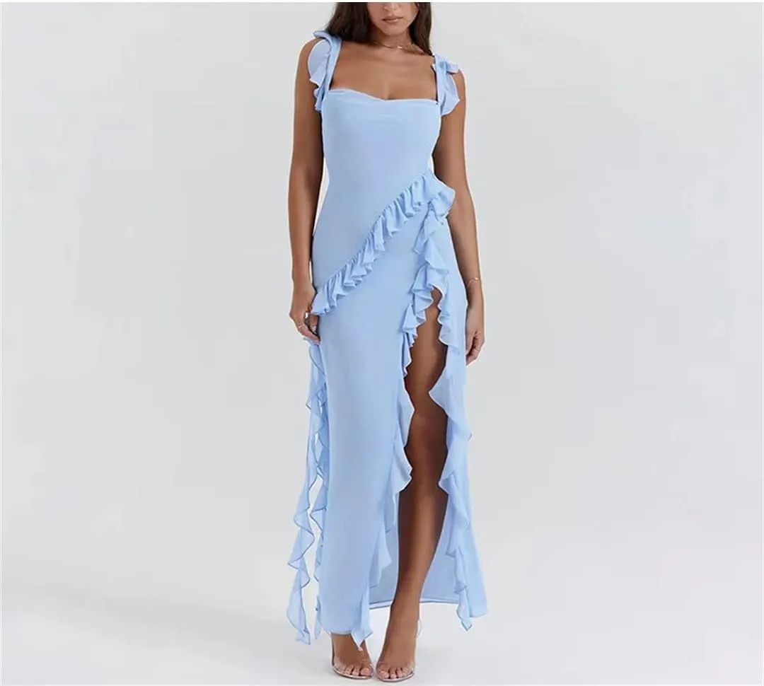 Women Summer Sexy Pleated Elegant Long Skirt Backless Red Party Dress