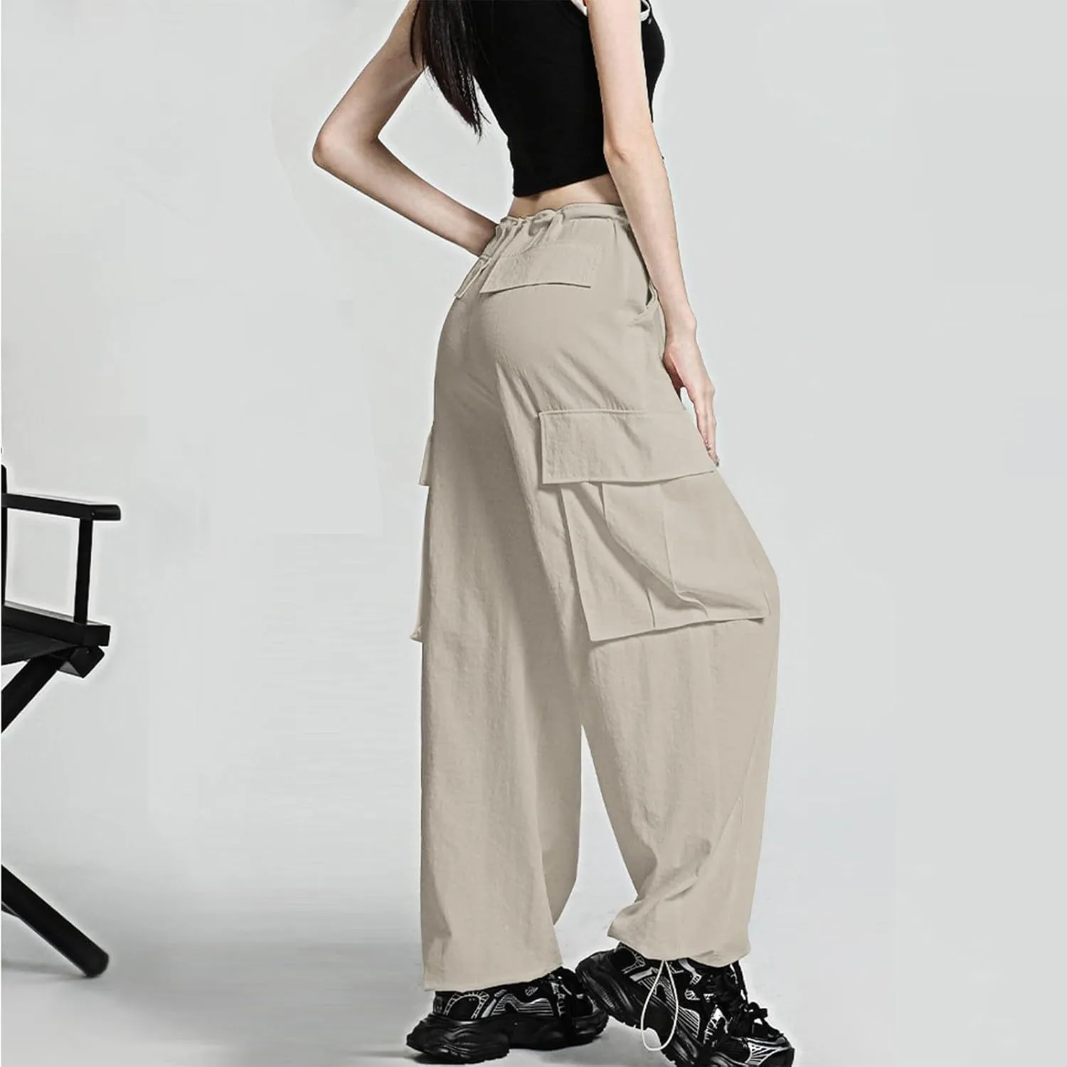 Women Wide Leg Cargo Pants Drawstring High Waisted Parachute Sweatpant Trendy Y2K Baggy Jogger Pants with Pockets