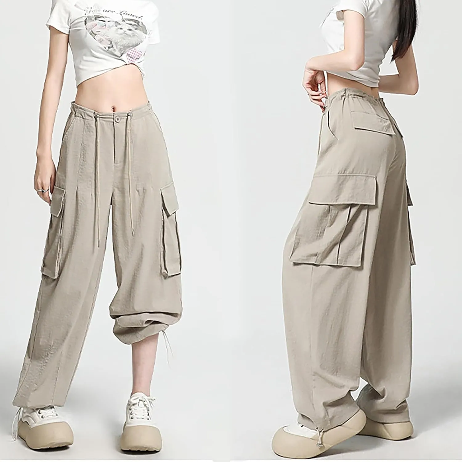 Women Wide Leg Cargo Pants Drawstring High Waisted Parachute Sweatpant Trendy Y2K Baggy Jogger Pants with Pockets