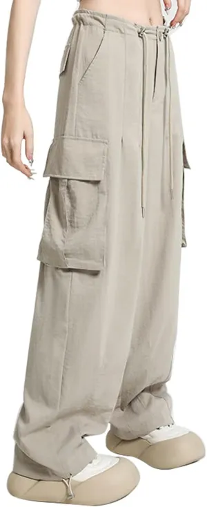 Women Wide Leg Cargo Pants Drawstring High Waisted Parachute Sweatpant Trendy Y2K Baggy Jogger Pants with Pockets