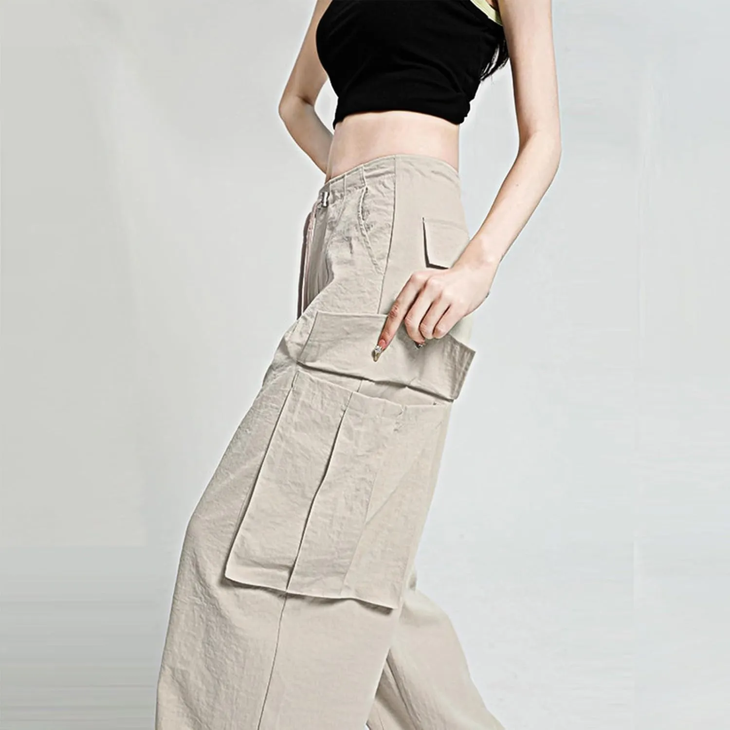 Women Wide Leg Cargo Pants Drawstring High Waisted Parachute Sweatpant Trendy Y2K Baggy Jogger Pants with Pockets