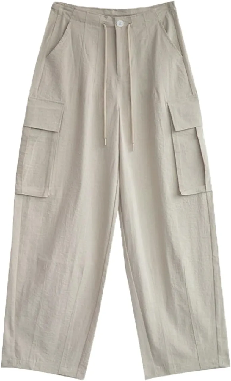 Women Wide Leg Cargo Pants Drawstring High Waisted Parachute Sweatpant Trendy Y2K Baggy Jogger Pants with Pockets