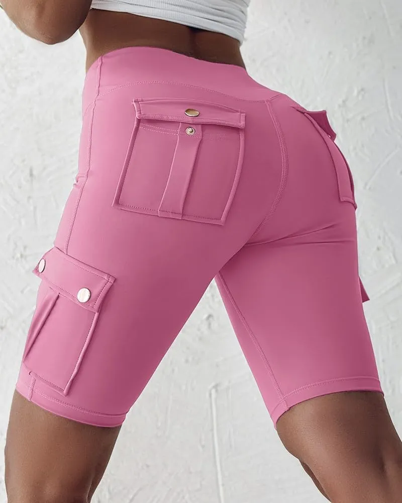 Women Yoga Shorts High Waist Quick Dry Fitness Running Shorts Workout Sporty Athletic Biker Shorts with Pockets