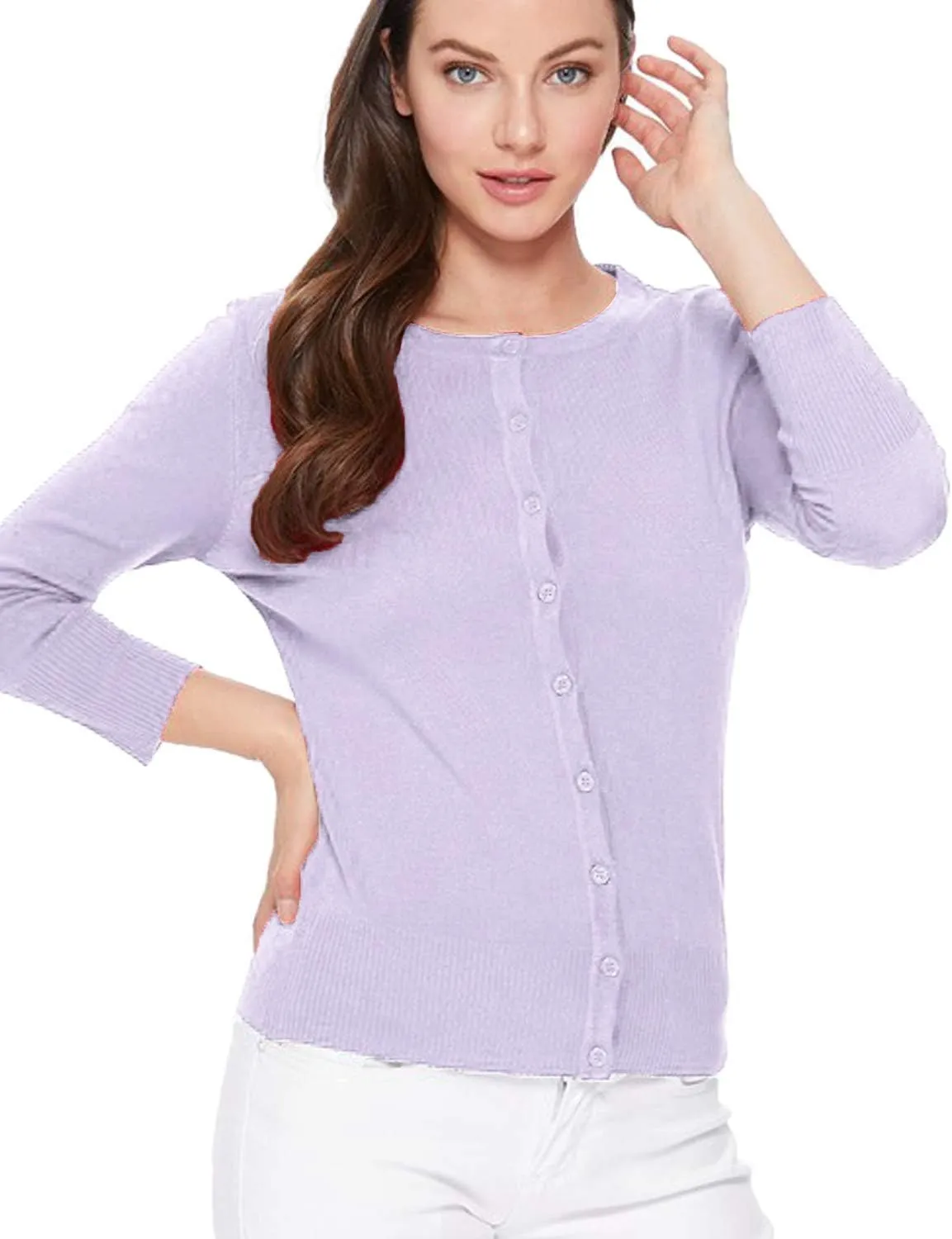 Women's 3/4 Sleeve Crew Neck Button Down Stretch Knit Cardigan Sweater (S-3XL)