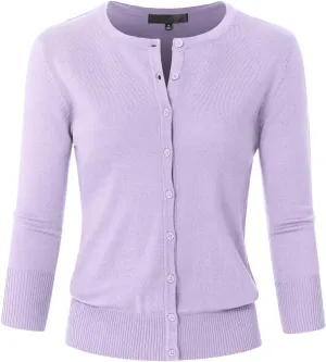Women's 3/4 Sleeve Crew Neck Button Down Stretch Knit Cardigan Sweater (S-3XL)