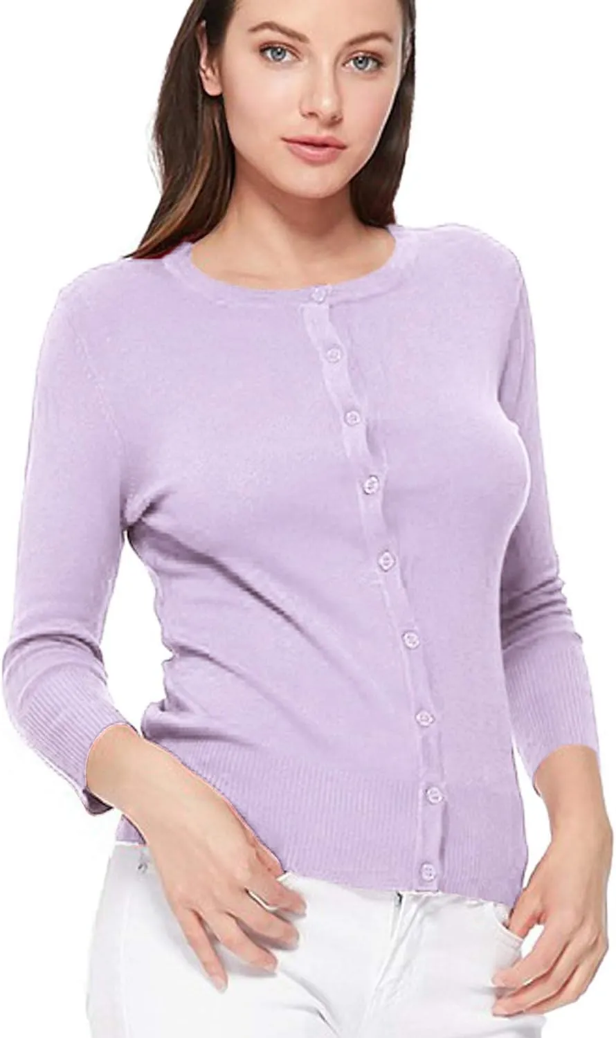 Women's 3/4 Sleeve Crew Neck Button Down Stretch Knit Cardigan Sweater (S-3XL)