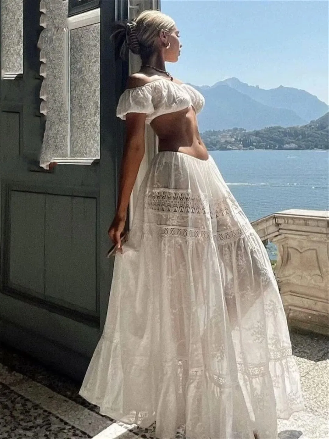 Women's Elegant Lace Patchwork Floral Embroidery Long Skirt Elegant Elastic Waist Skirt