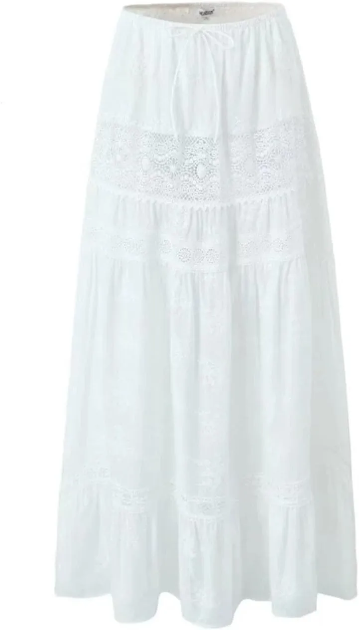 Women's Elegant Lace Patchwork Floral Embroidery Long Skirt Elegant Elastic Waist Skirt