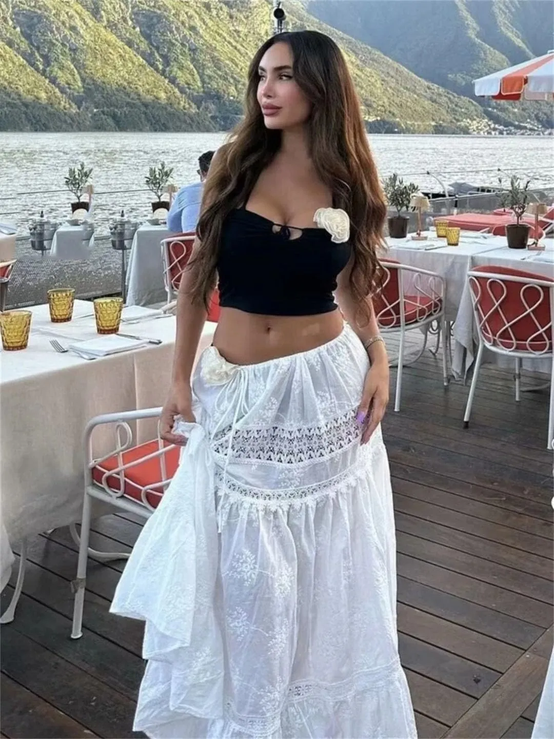 Women's Elegant Lace Patchwork Floral Embroidery Long Skirt Elegant Elastic Waist Skirt