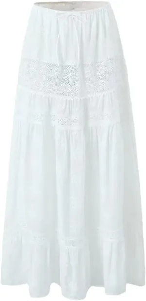 Women's Elegant Lace Patchwork Floral Embroidery Long Skirt Elegant Elastic Waist Skirt