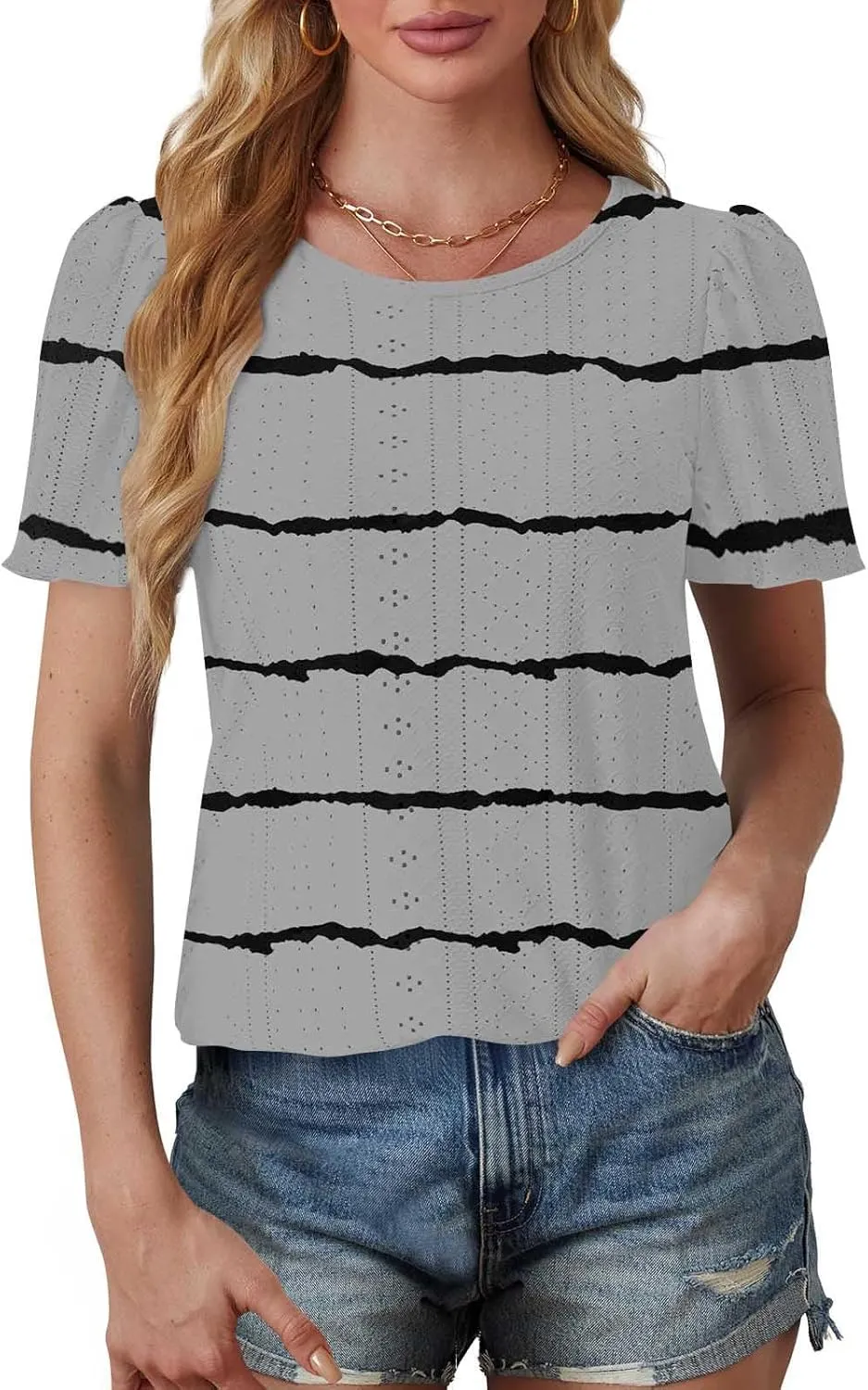 Womens Eyelet Shirts Short Sleeve Crewneck Tops Summer Casual Loose Fit Tunic Blouses Daily Work Basic Tees