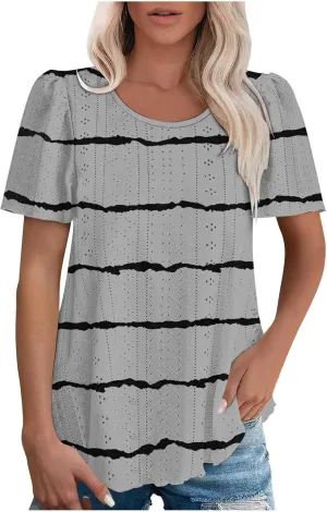 Womens Eyelet Shirts Short Sleeve Crewneck Tops Summer Casual Loose Fit Tunic Blouses Daily Work Basic Tees