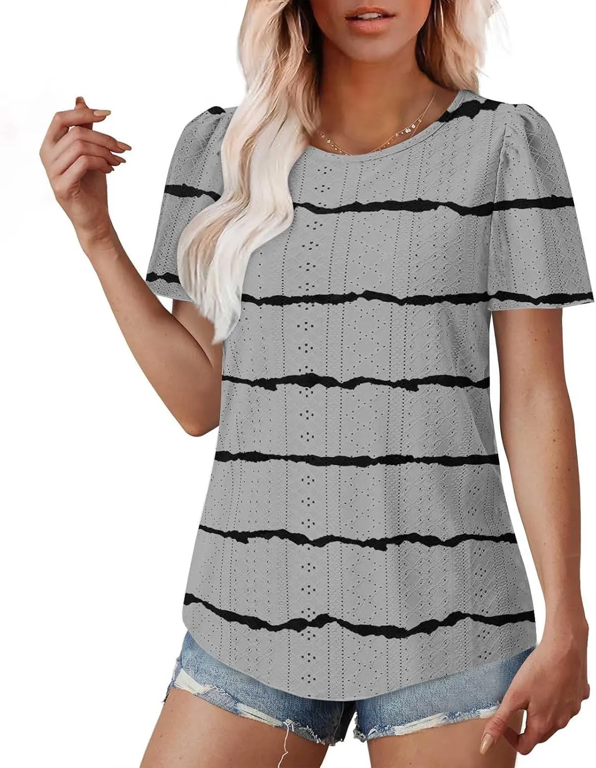 Womens Eyelet Shirts Short Sleeve Crewneck Tops Summer Casual Loose Fit Tunic Blouses Daily Work Basic Tees