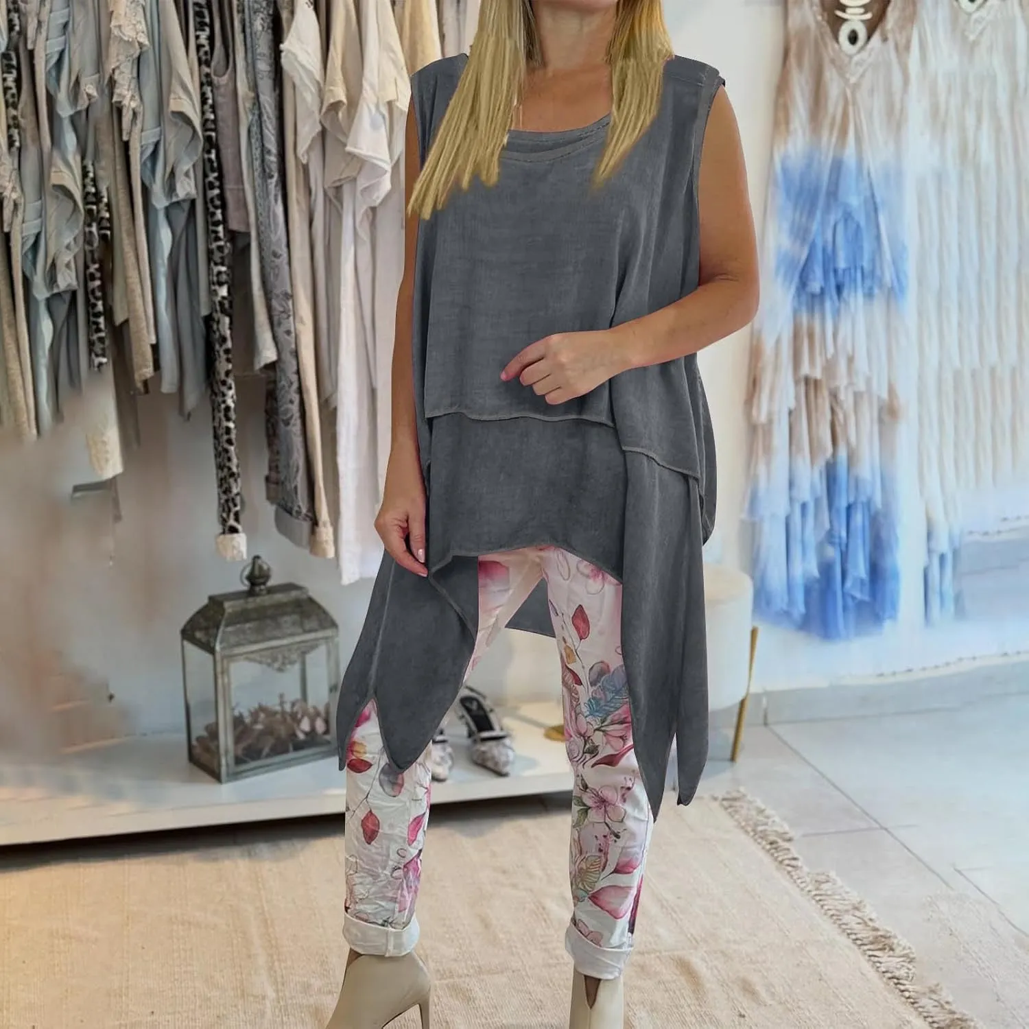 Women's Fashion Sleeveless Irregular Hem Shirts, Solid Color Loose Pleated Casual Tank Tops Daily Home Clothes