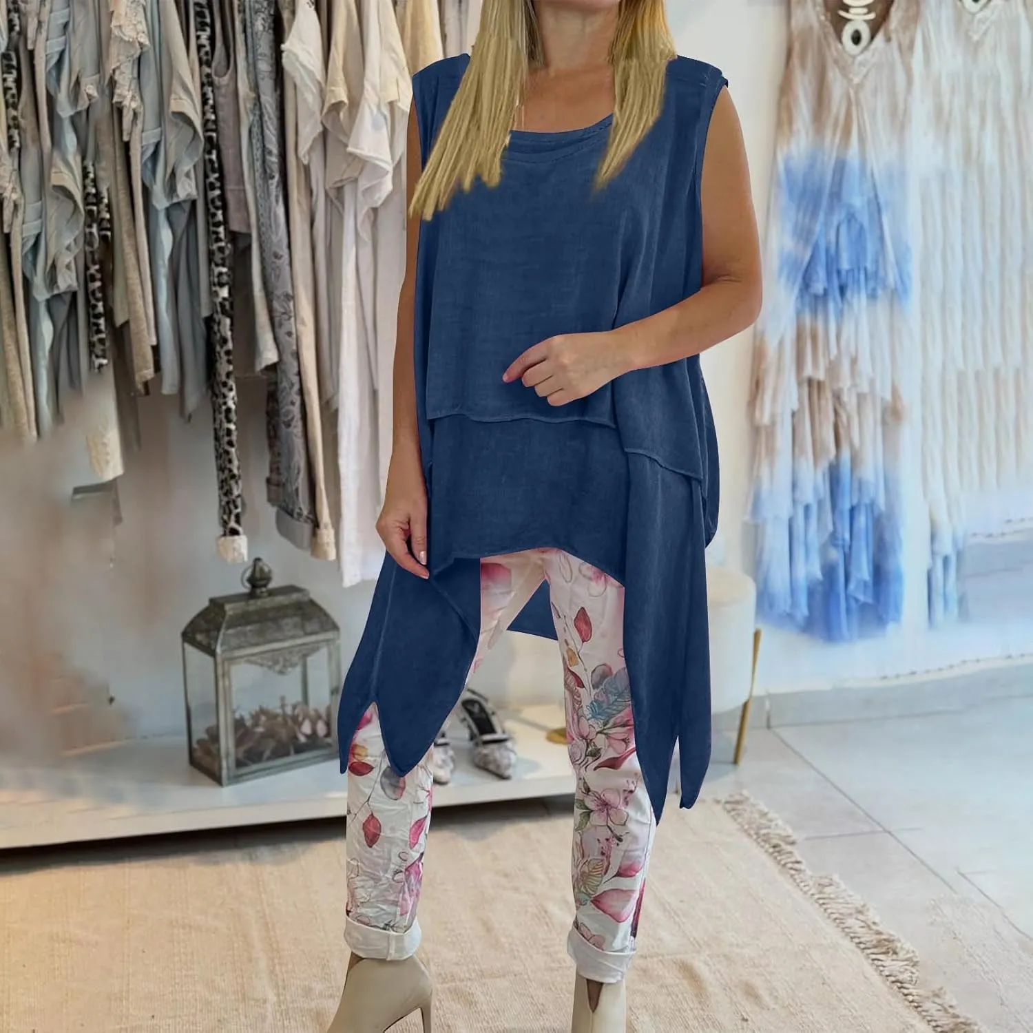 Women's Fashion Sleeveless Irregular Hem Shirts, Solid Color Loose Pleated Casual Tank Tops Daily Home Clothes
