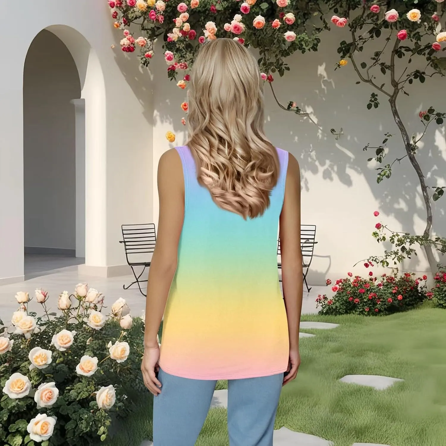 Women's Gradient Sleeveless Summer Top Casual Loose Fit Tank Blouse for Beach Travel and Daily Wear