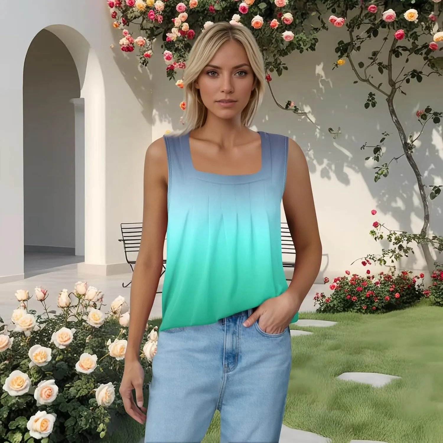 Women's Gradient Sleeveless Summer Top Casual Loose Fit Tank Blouse for Beach Travel and Daily Wear