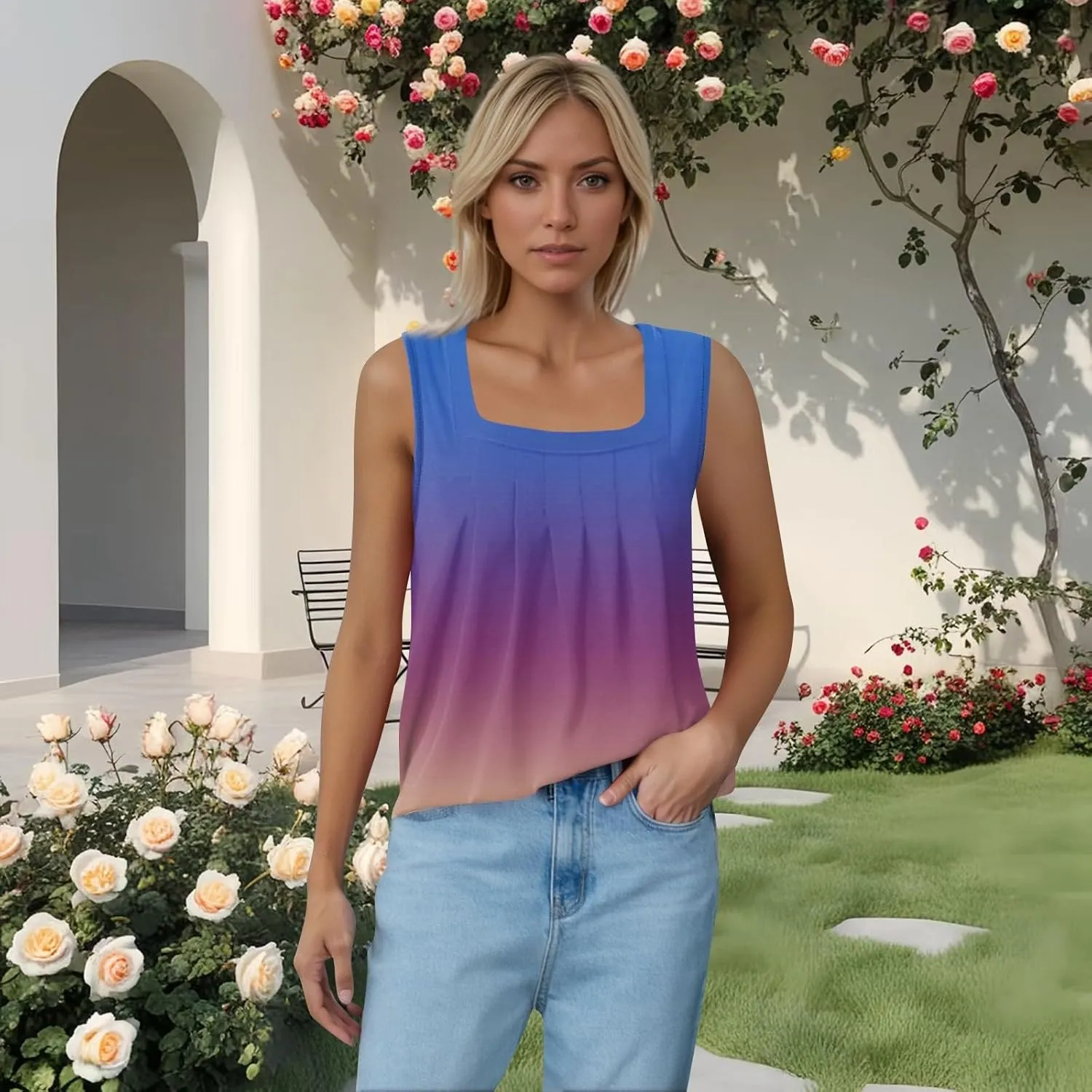 Women's Gradient Sleeveless Summer Top Casual Loose Fit Tank Blouse for Beach Travel and Daily Wear