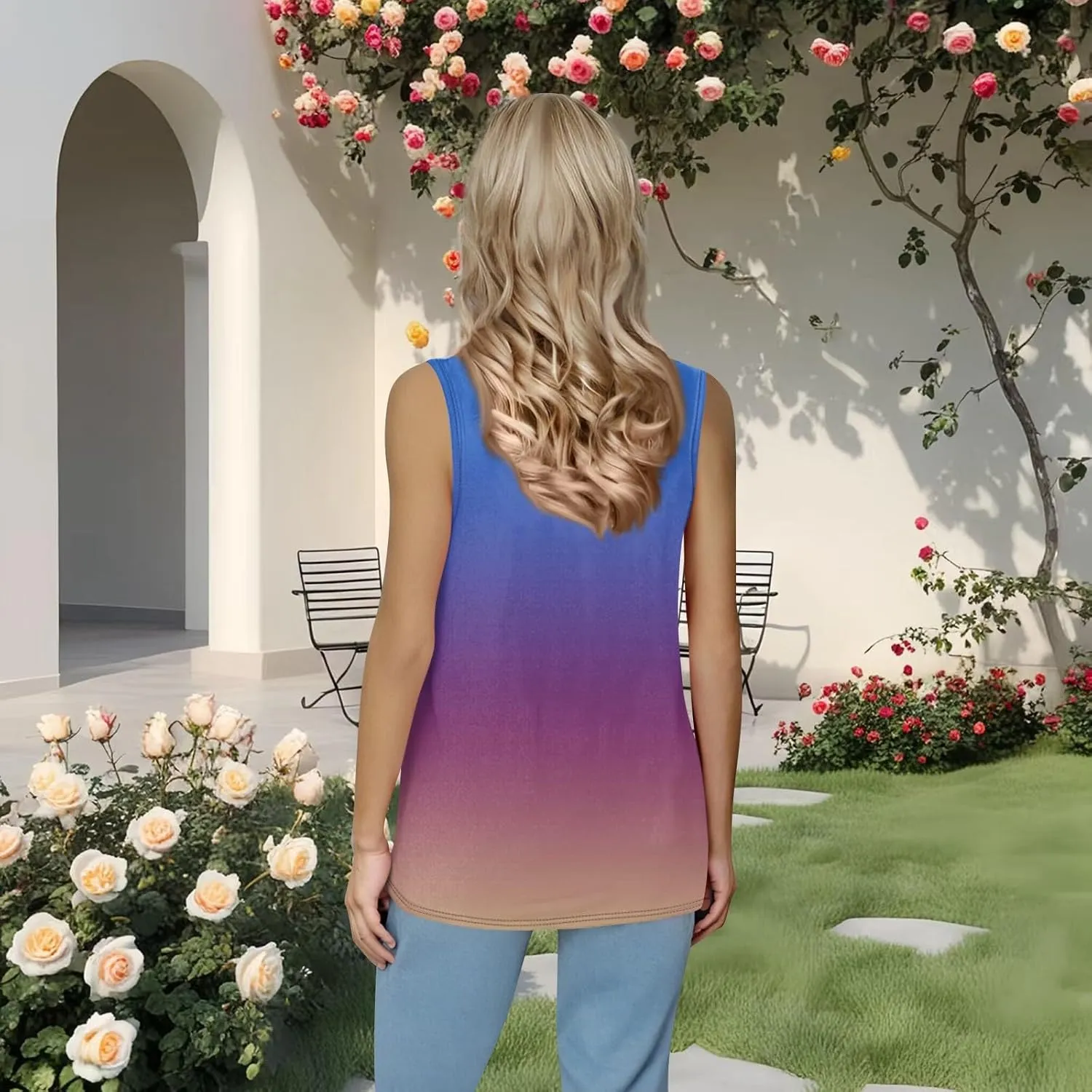 Women's Gradient Sleeveless Summer Top Casual Loose Fit Tank Blouse for Beach Travel and Daily Wear