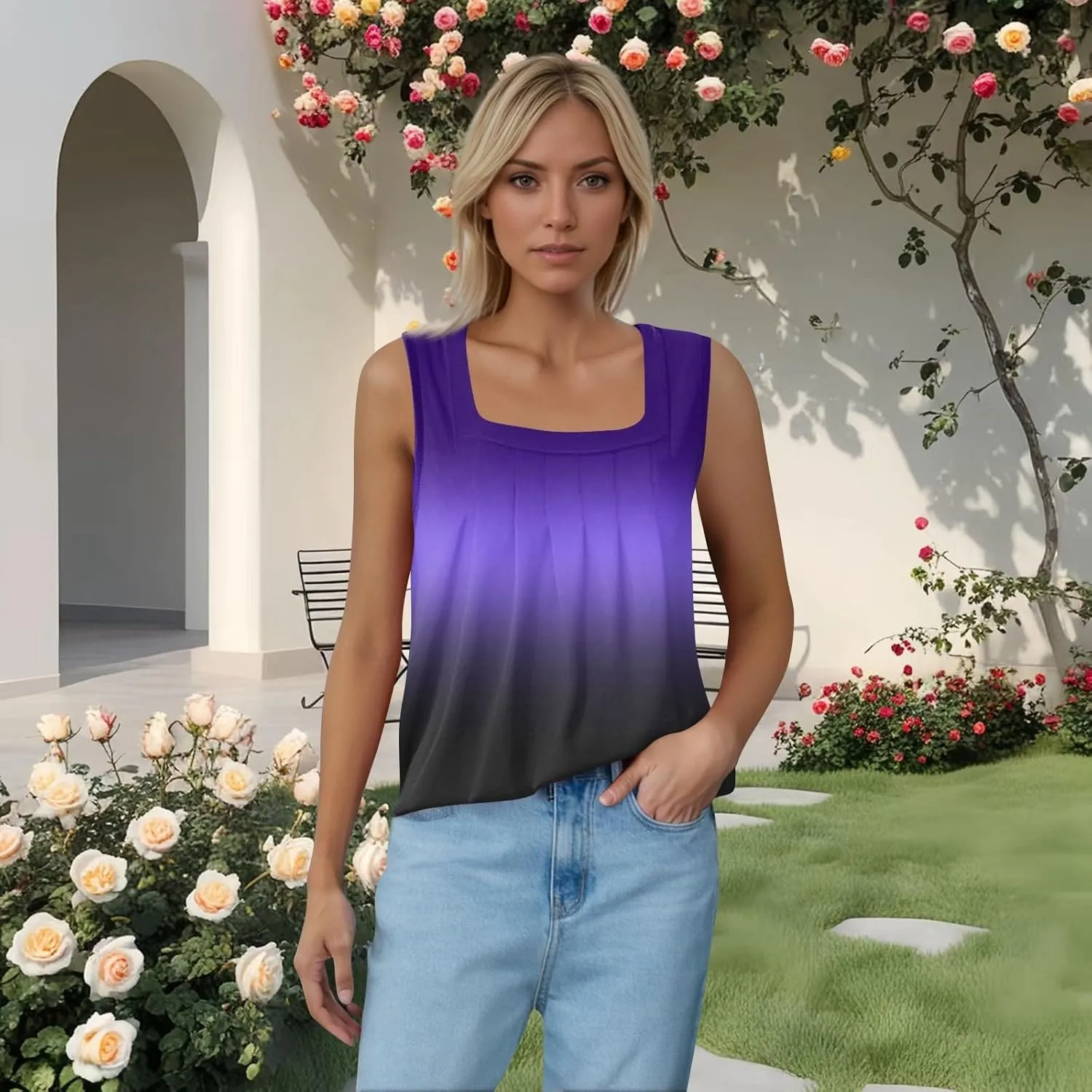 Women's Gradient Sleeveless Summer Top Casual Loose Fit Tank Blouse for Beach Travel and Daily Wear