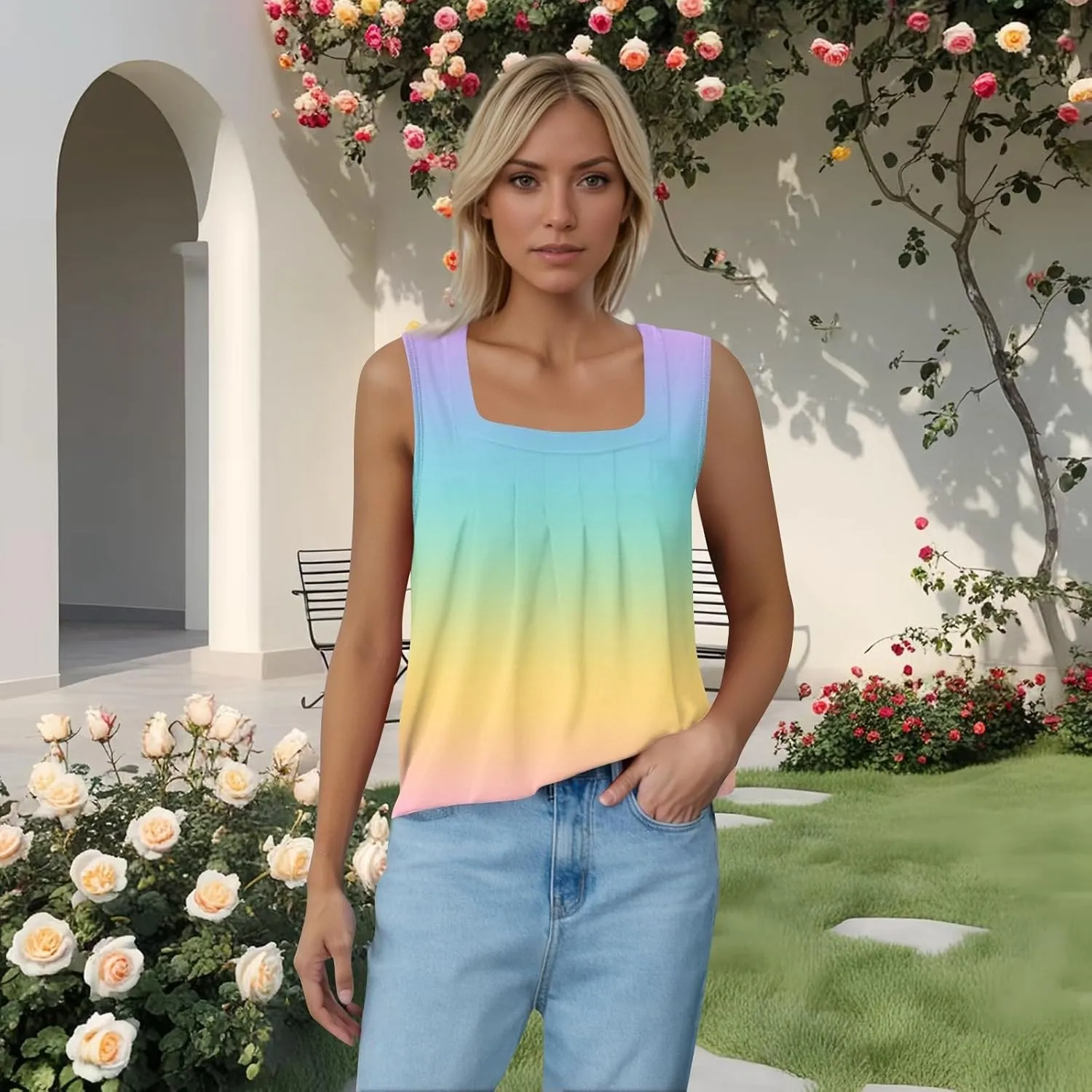 Women's Gradient Sleeveless Summer Top Casual Loose Fit Tank Blouse for Beach Travel and Daily Wear