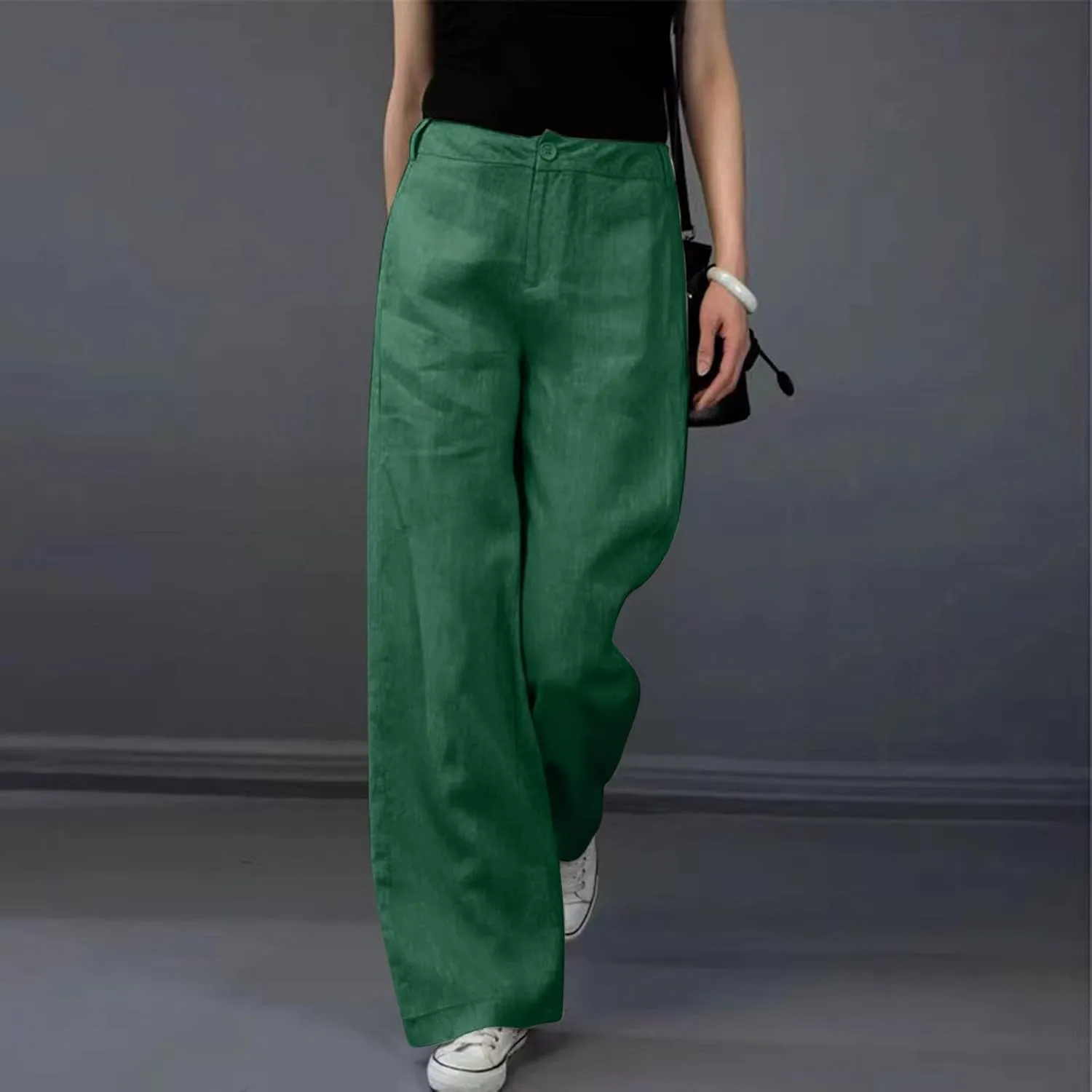 Women's High Waist Wide Leg Button Pants Cotton Lightweight Straight Leg Loose Fitted Trousers with Pockets Casual Solid Pant