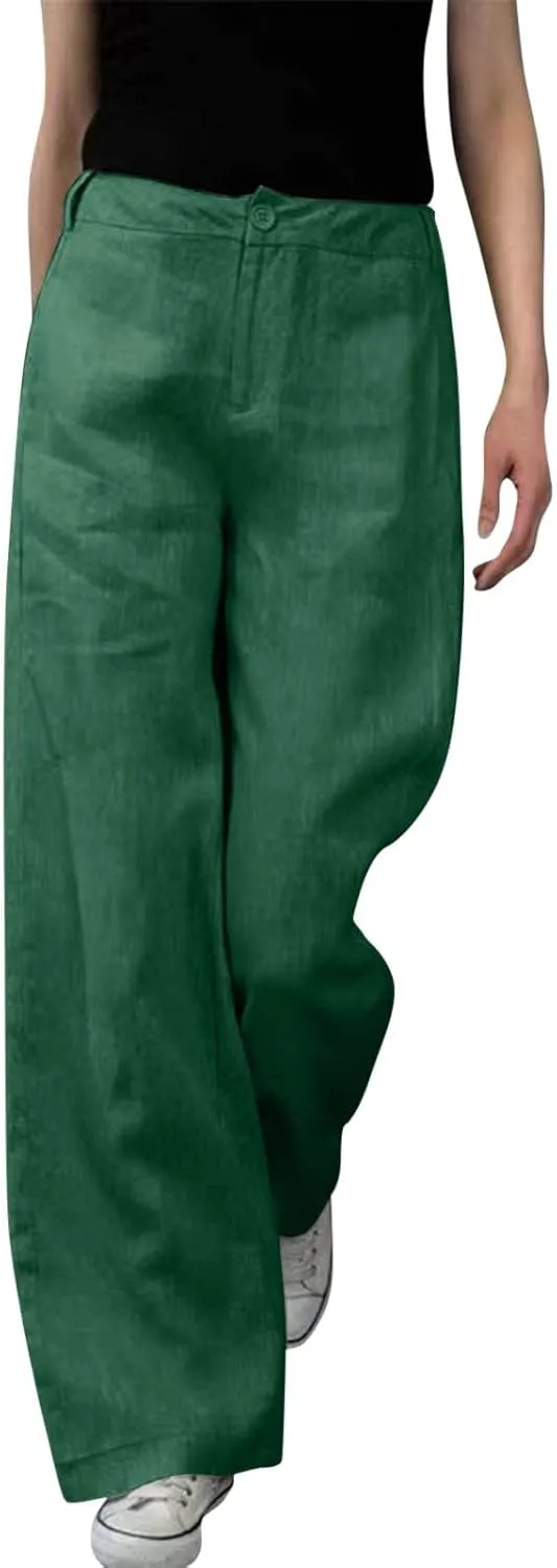 Women's High Waist Wide Leg Button Pants Cotton Lightweight Straight Leg Loose Fitted Trousers with Pockets Casual Solid Pant