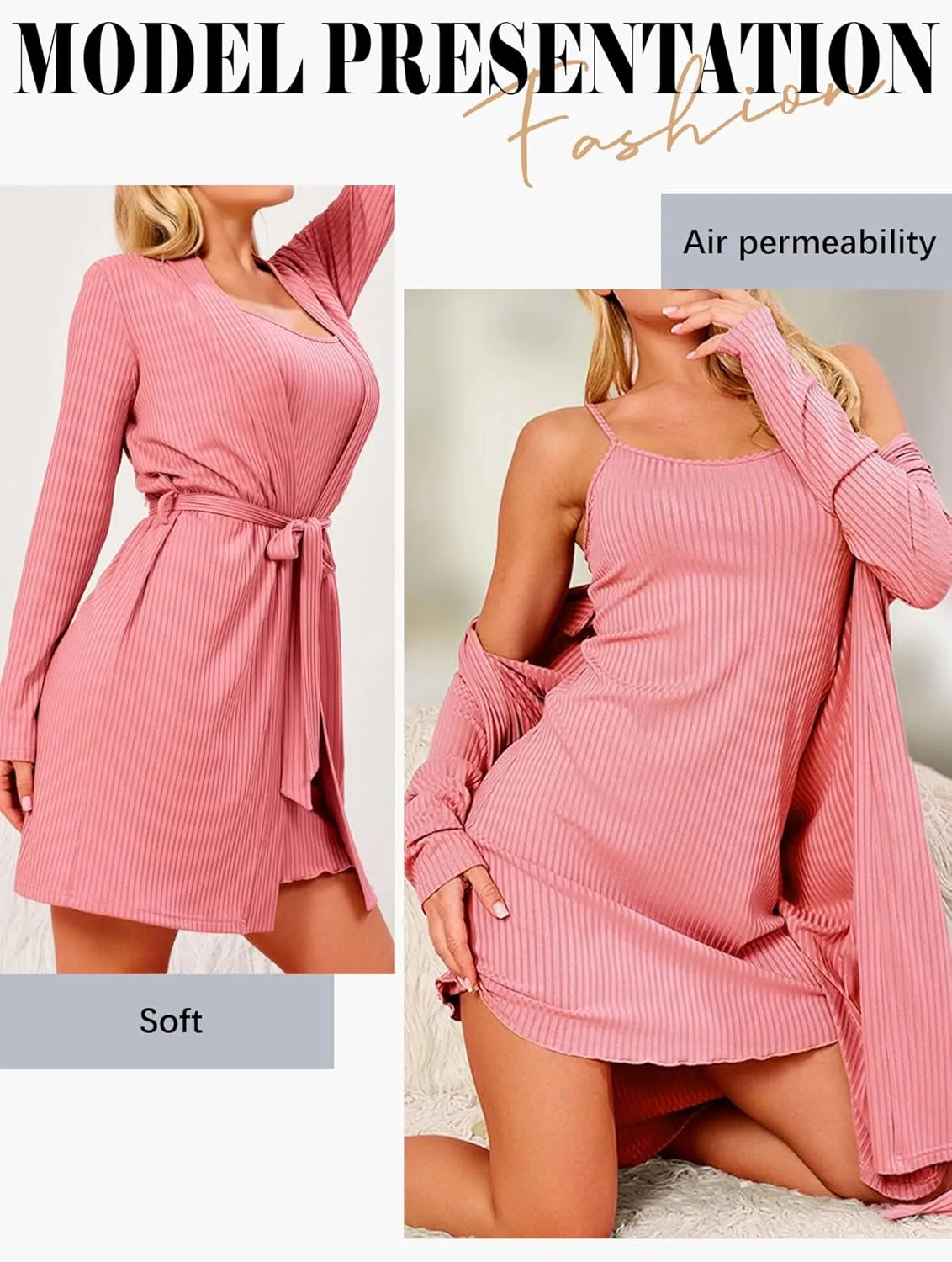 Womens Knit Robe Set 2 Piece Nightgown with Robes Lounge Sets Sleepwear Rib Knit Bodycon Soft Lightweight Loungewear