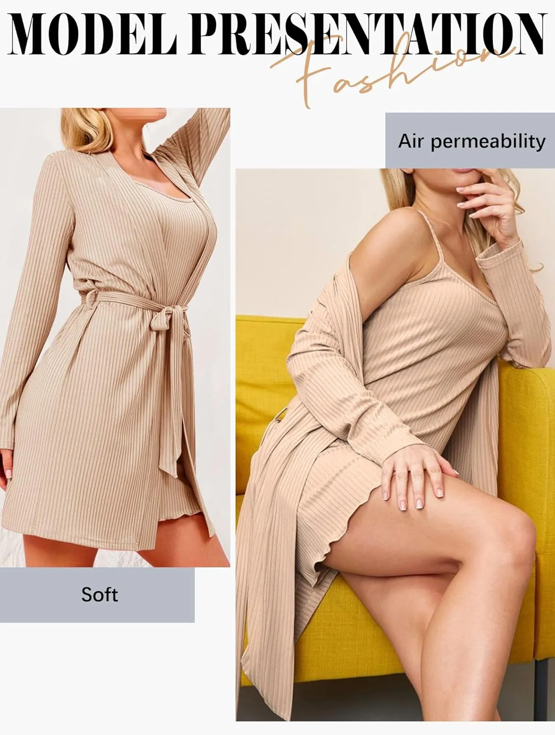 Womens Knit Robe Set 2 Piece Nightgown with Robes Lounge Sets Sleepwear Rib Knit Bodycon Soft Lightweight Loungewear