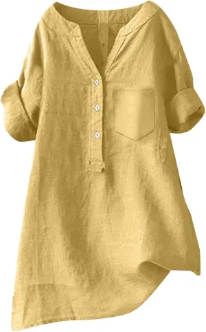 Women's Linen Button Down Shirts Short Sleeve V Neck Tshirts Light Weight Plain Blouses Casual Loose Fit Tunic Tops