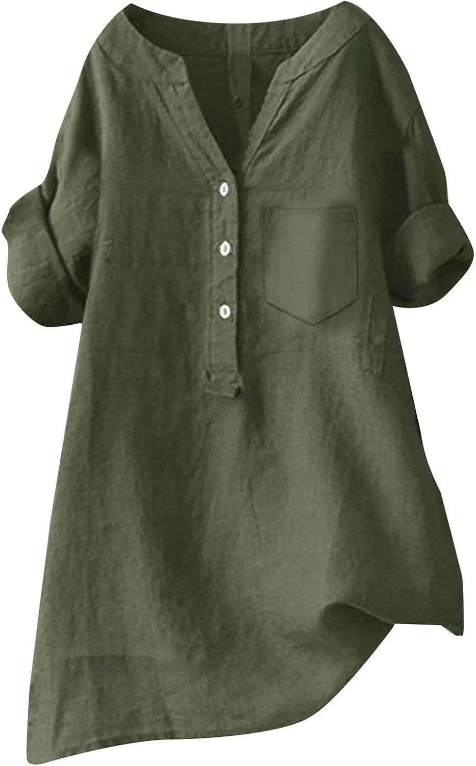 Women's Linen Button Down Shirts Short Sleeve V Neck Tshirts Light Weight Plain Blouses Casual Loose Fit Tunic Tops