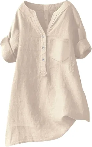 Women's Linen Button Down Shirts Short Sleeve V Neck Tshirts Light Weight Plain Blouses Casual Loose Fit Tunic Tops