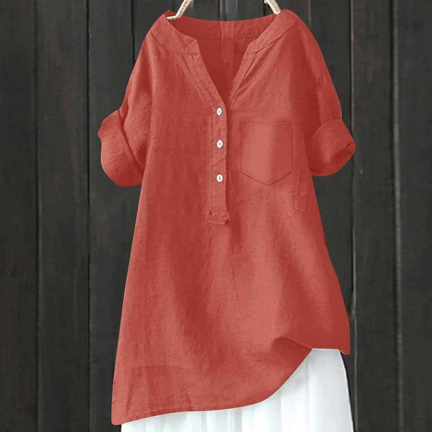Women's Linen Button Down Shirts Short Sleeve V Neck Tshirts Light Weight Plain Blouses Casual Loose Fit Tunic Tops