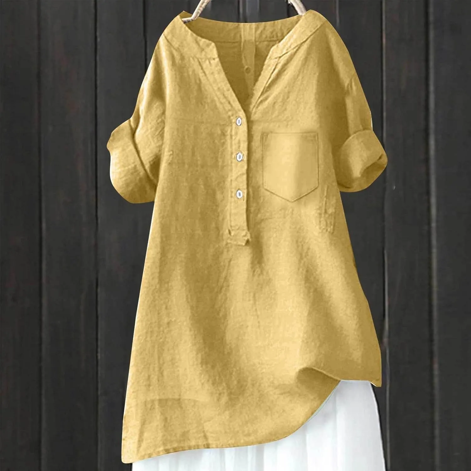 Women's Linen Button Down Shirts Short Sleeve V Neck Tshirts Light Weight Plain Blouses Casual Loose Fit Tunic Tops