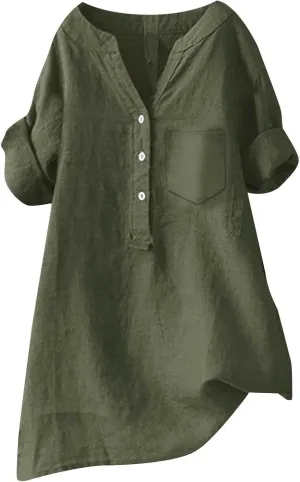 Women's Linen Button Down Shirts Short Sleeve V Neck Tshirts Light Weight Plain Blouses Casual Loose Fit Tunic Tops