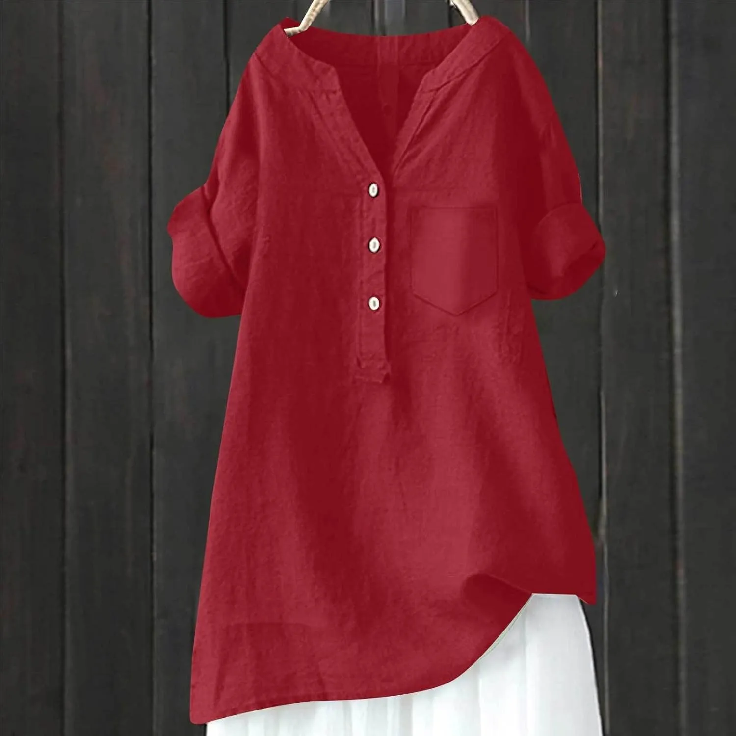 Women's Linen Button Down Shirts Short Sleeve V Neck Tshirts Light Weight Plain Blouses Casual Loose Fit Tunic Tops