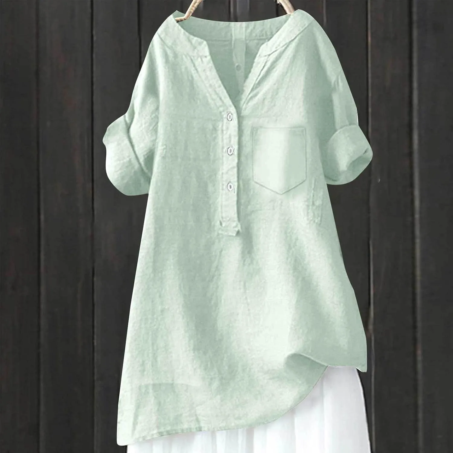 Women's Linen Button Down Shirts Short Sleeve V Neck Tshirts Light Weight Plain Blouses Casual Loose Fit Tunic Tops