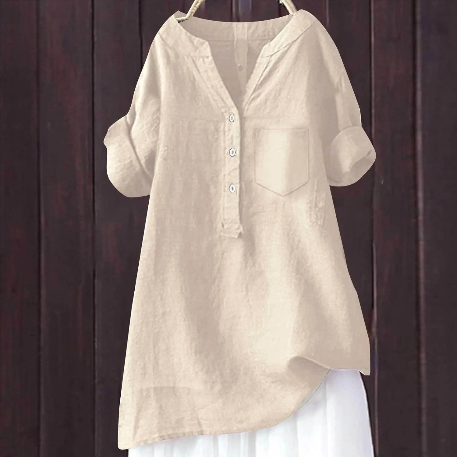Women's Linen Button Down Shirts Short Sleeve V Neck Tshirts Light Weight Plain Blouses Casual Loose Fit Tunic Tops